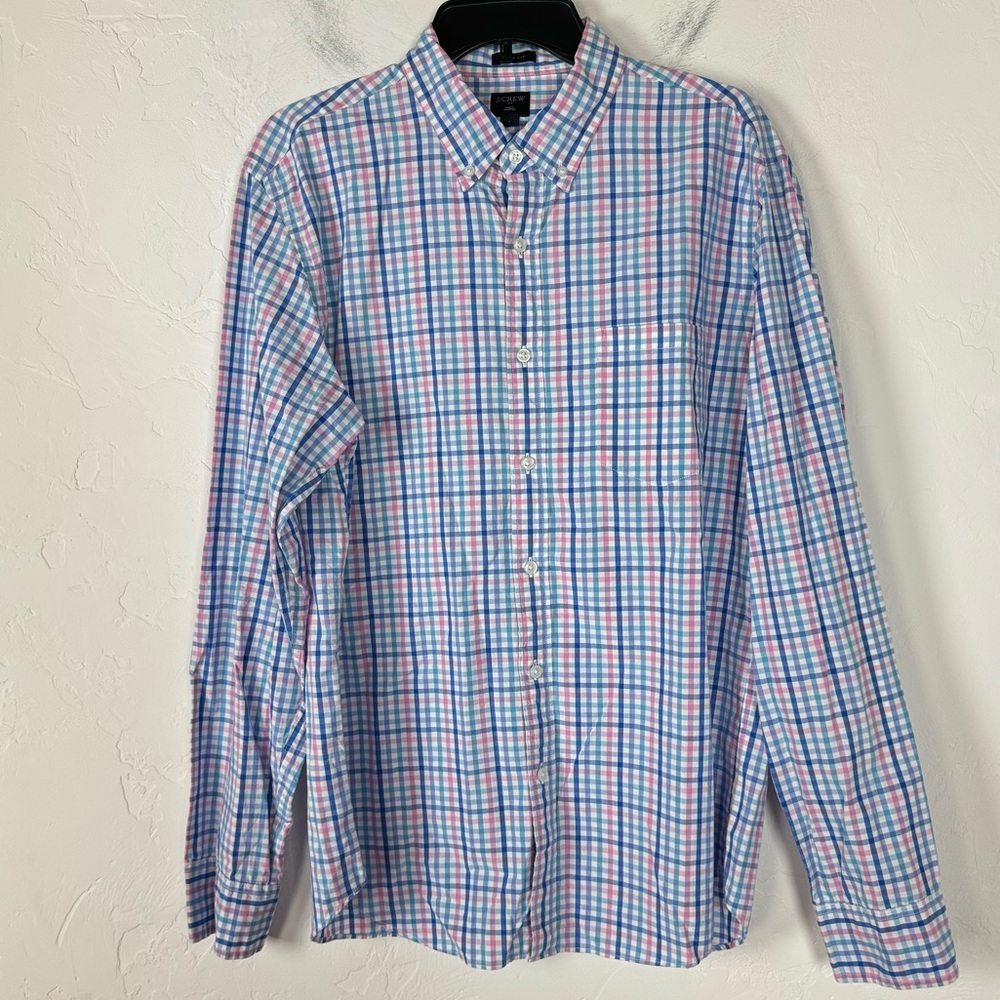 J Crew Shirt Knit Top Button Down Slim Fit Washed Plaid Checkered Print Pink‎